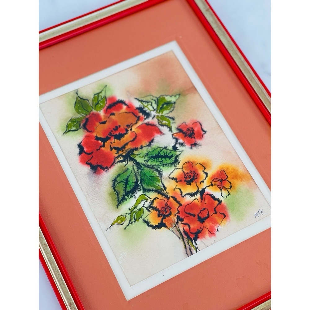 Vintage Original Signed MTK Floral Flowers Watercolor Painting Framed Art